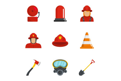 Firefighter icons set, cartoon style