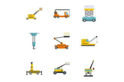 Construction machinery icons set, cartoon style