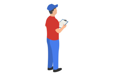 Man checking warehouse icon, isometric style