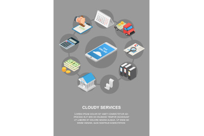 Tax online cloudy services banner vertical, isometric style