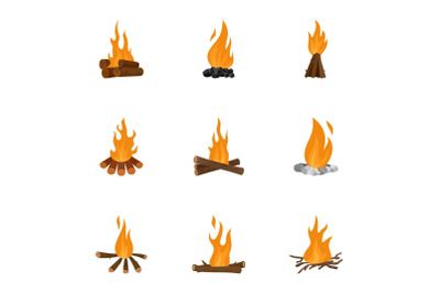 Bonfire icons set, cartoon style