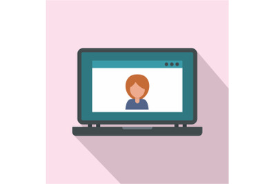 Laptop video chat icon, flat style