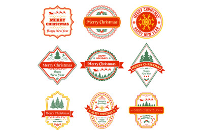 Christmas labels. Vintage xmas winter holiday badges with reindeer, fi