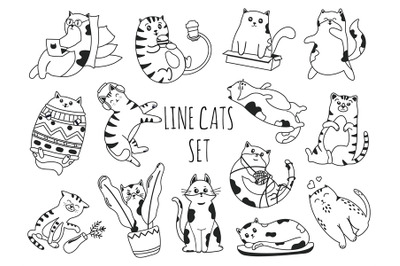 Line doodle cats set. Cute kittens working on laptop&2C; eating burger&2C; p