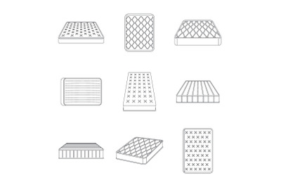 Mattress squab bedding icons set, outline style