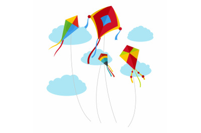 Kites fly in the sky background, flat style