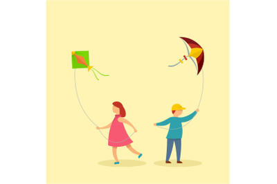 Children with kites background, flat style