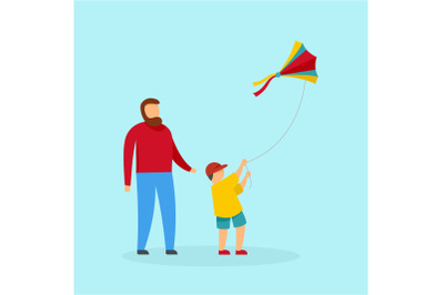 Father son and kite background, flat style