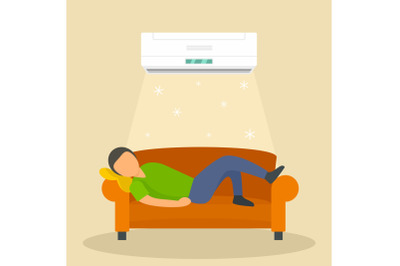 Conditioning man at sofa background, flat style