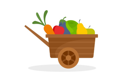Farm wheelbarrow fruits, vegetables icon, flat style