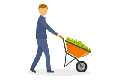 Businessman wheelbarrow money icon, flat style