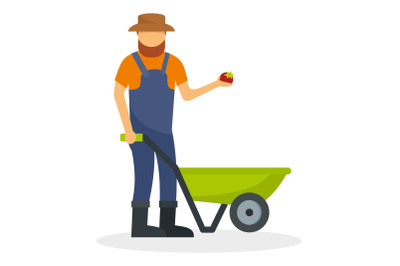 Farmer with wheelbarrow icon, flat style