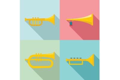 Trumpet horn musical instrument icons set, flat style