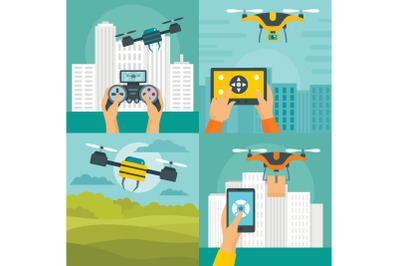 Drone quadcopter banner concept set, flat style