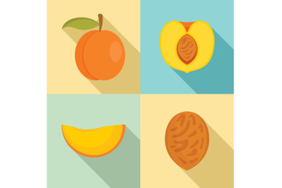 Peach tree slices fruit half icons set, flat style