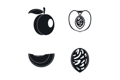 Peach tree slices fruit icons set, simple style