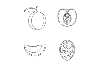 Peach tree slices fruit icons set, outline style