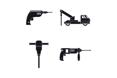 Drilling machine electric icons set, simple style