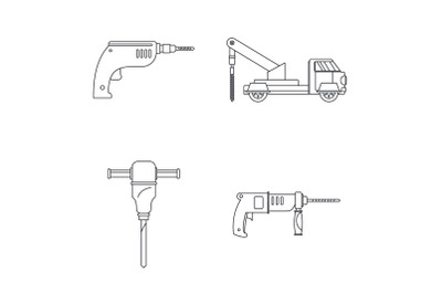 Drilling machine electric icons set, outline style