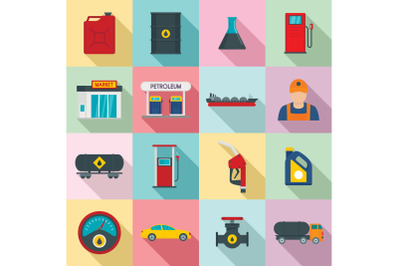 Petrol station gas fuel shop icons set, flat style