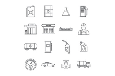 Petrol station gas fuel icons set, outline style