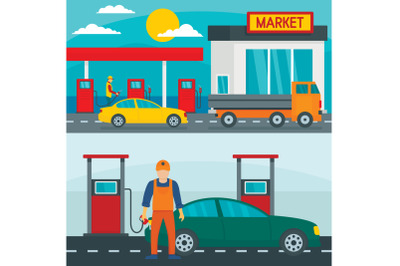 Petrol station gas banner concept set, flat style