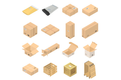 Parcel packaging box icons set, isometric style