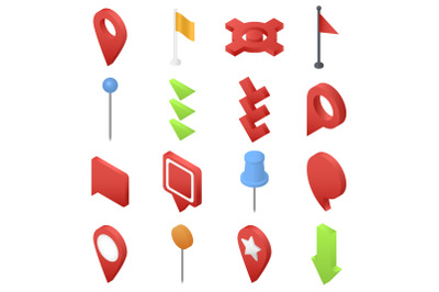Map pointer pin arrow icons set, isometric style