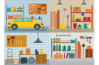 Garage interior car banner concept set, flat style
