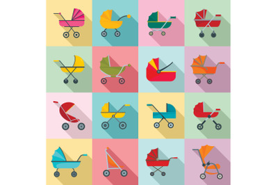 Pram stroller carriage icons set, flat style