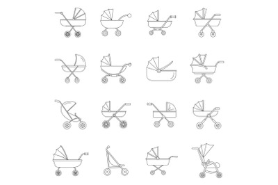 Pram stroller carriage icons set, outline style