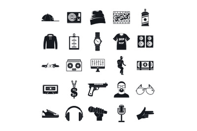 Hiphop rap swag music dance icons set, simple style