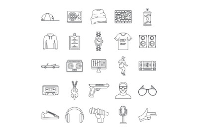 Hiphop rap swag music dance icons set, outline style