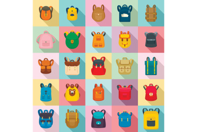 Backpack school travel sport icons set, flat style