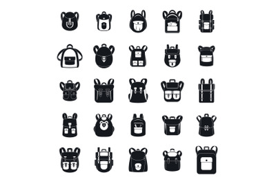 Backpack school travel sport icons set, simple style