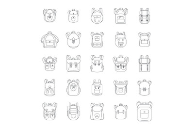 Backpack school sport icons set, outline style