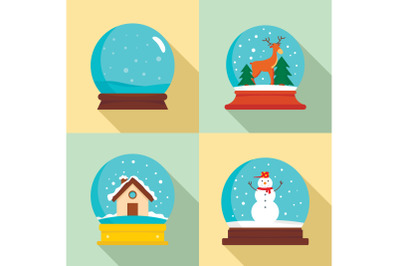 Snow globe ball christmas icons set, flat style