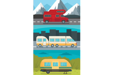 Motorhome trailer banner concept set, flat style