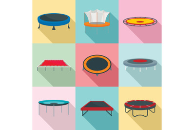 Trampoline jumping park joy icons set, flat style