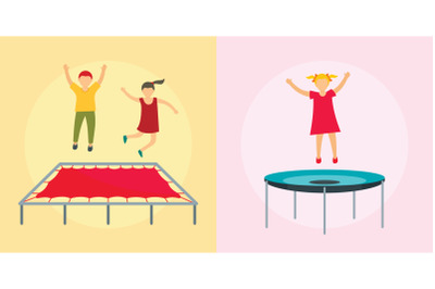 Trampoline jumping banner concept set, flat style