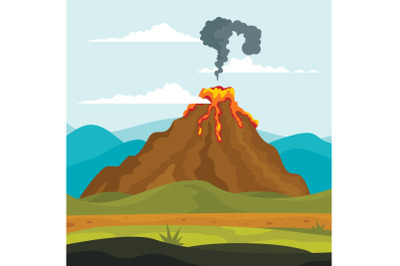 Volcano eruption lava banner concept, flat style