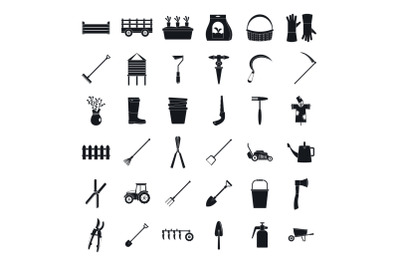 Farming equipment garden icons set, simple style
