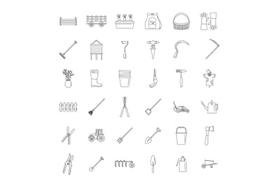 Farming equipment garden icons set, outline style