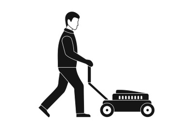 Man with lawn mower icon, simple style