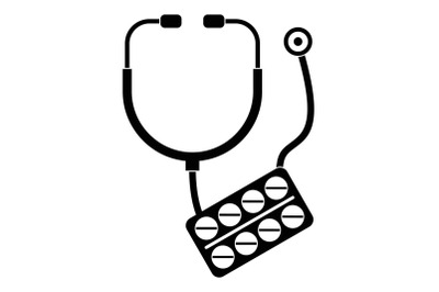 Stethoscope, pills icon, simple style