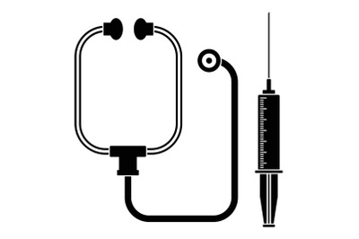 Stethoscope, syringe icon, simple style