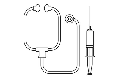 Stethoscope, syringe icon, outline style