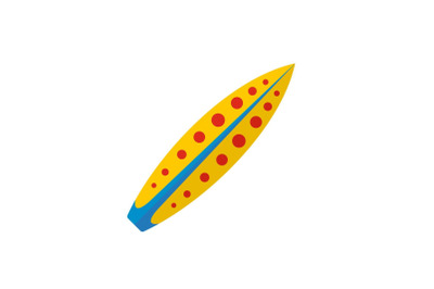 Yellow red dot surfboard icon, flat style