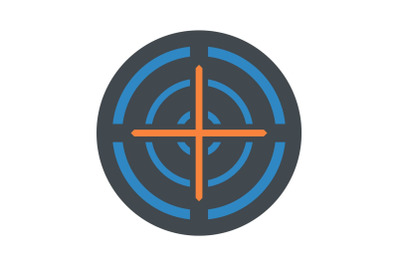 Orange cross gun aim icon, flat style