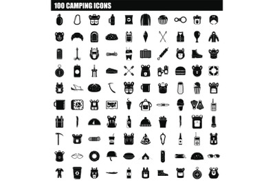 100 camping icon set, simple style
